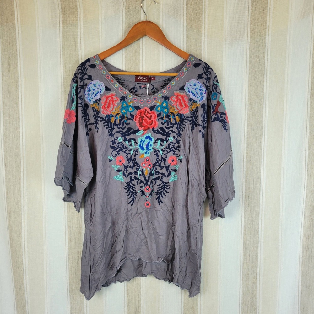 NEW Avani Del Amour Embroidered Blouse‎ Shirt Gray Size Medium